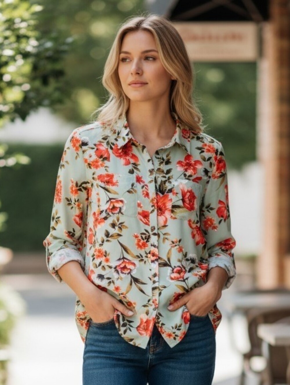 Roz-Ali Long Sleeves Floral Shirt Blouse Top Sz. S